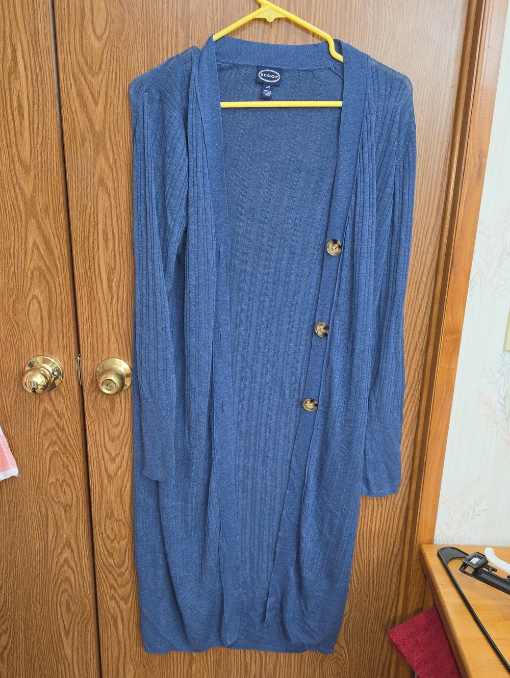 EcoCozy Women's Long Ribbed Navy Cardigan with Button Front